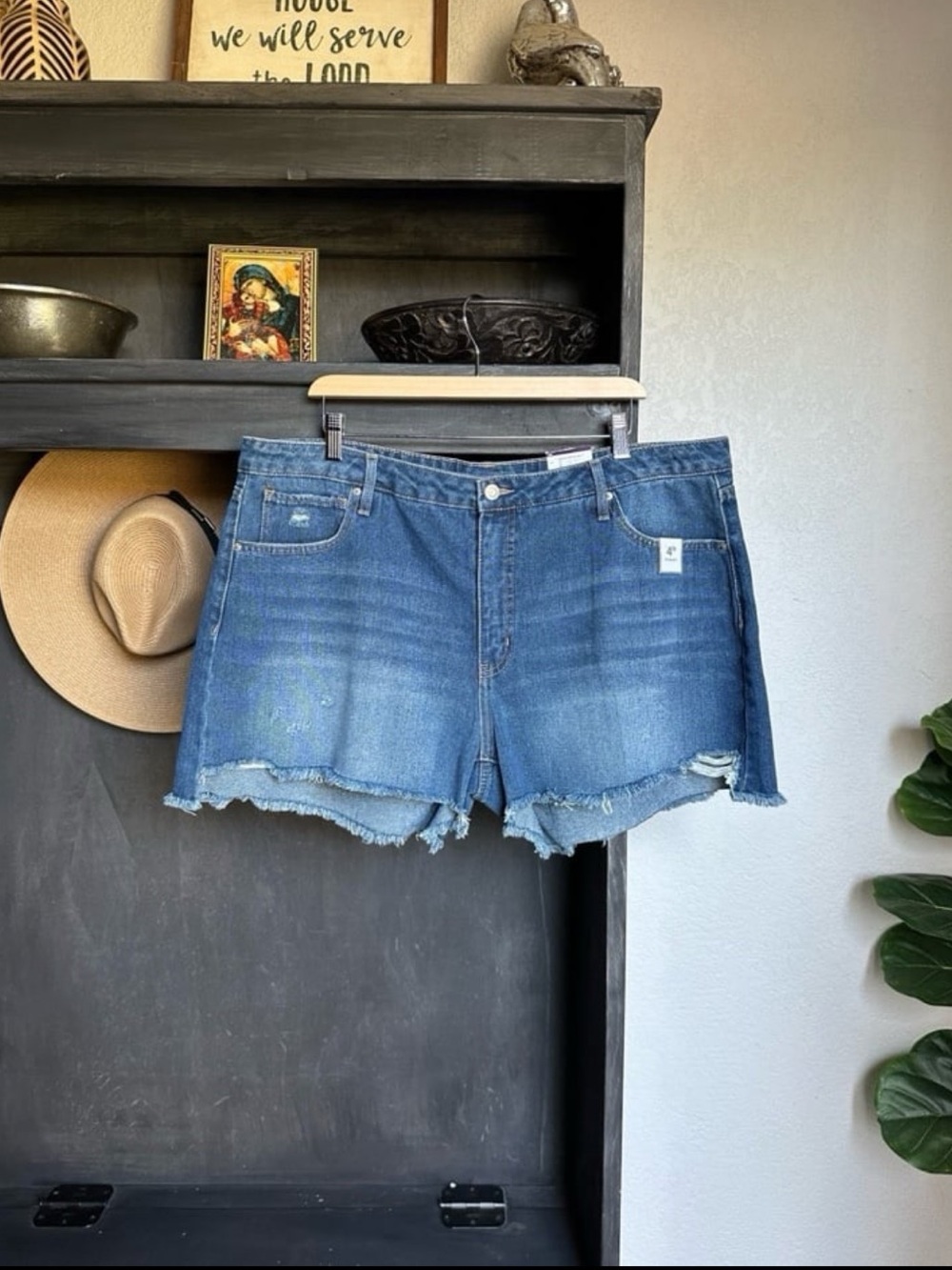 Womens Plus Size Jean Shorts - Distressed Raw Hem Mid Rise 2X / 20